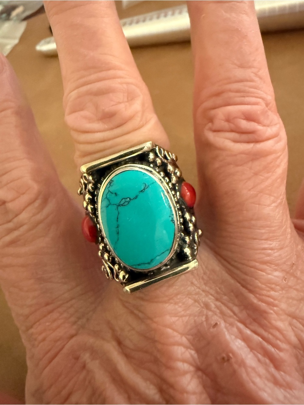 Tibetan Silver Ring with Turquoise, Red Coral. Size 9 - Picture 4 of 7